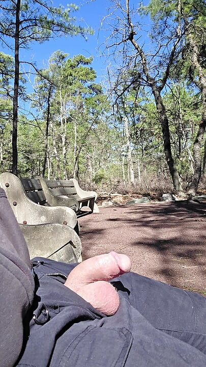 teasing my mushroom tipped cock in the public forest park