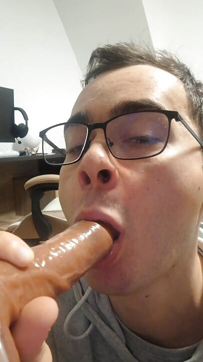 College boy sucks daddy's cock until he cums in his mouth (dildo)