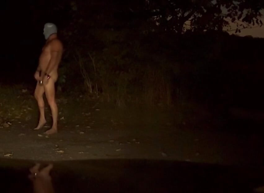 Wanking naked outside in road , few cars pass