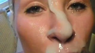 Blonde takes massive facial, followed by gooey cum play