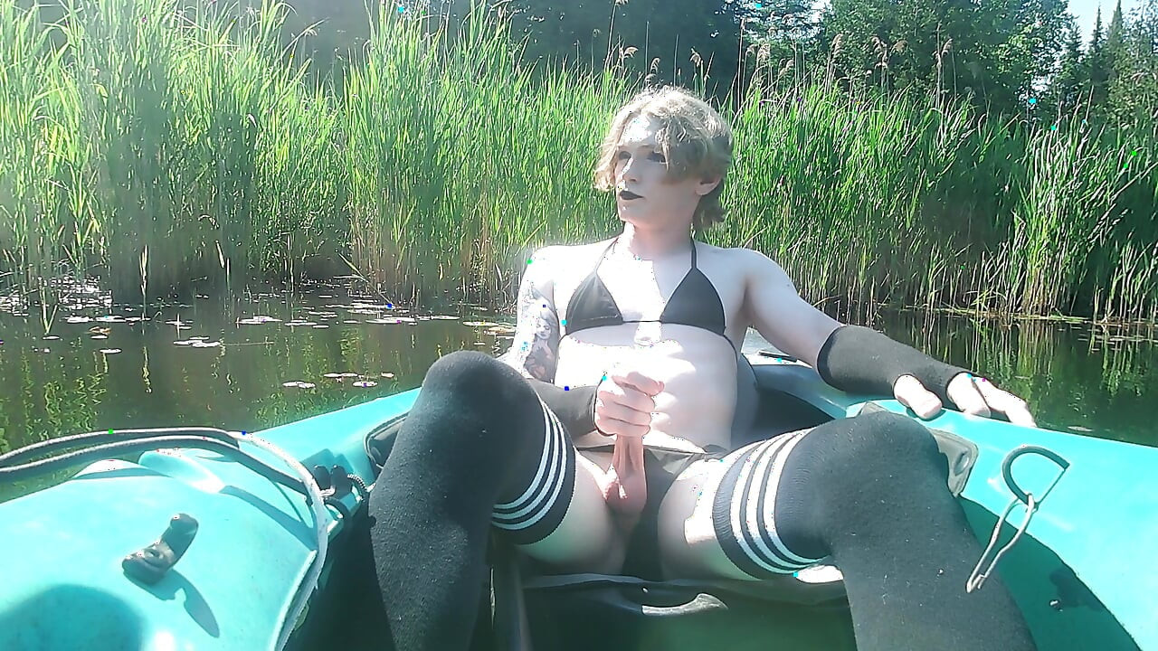 strawberry blonde goth femboy in black bikini & thigh socks, nature kayak session - solo cum in cove