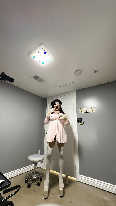 Hot trans wearing her sexy pink dress teasing huge tits