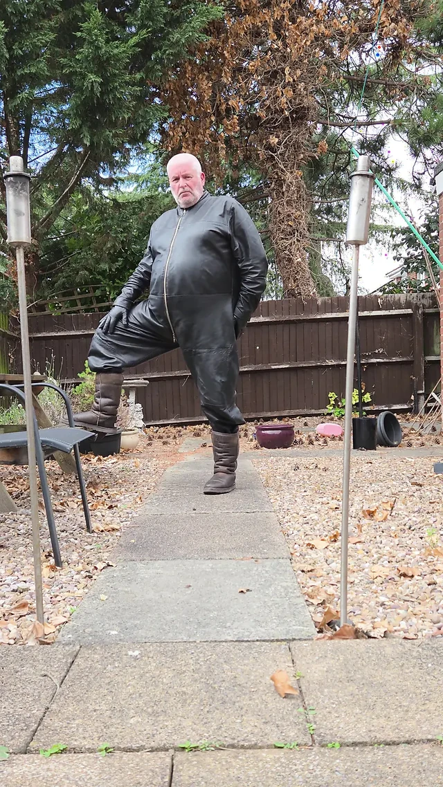 Leather Overalls in the Garden