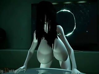 Sadako dari cincin menggoyangkan payudaranya yang besar