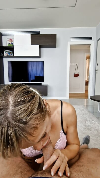A stunning blonde gives me a blowjob and I fuck her doggystyle