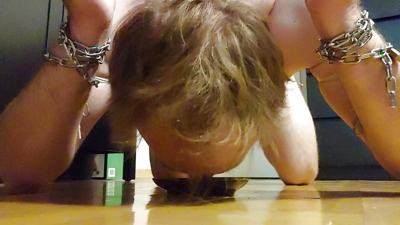 Fag chastity slave eats cum icecube to get the key for his bondage