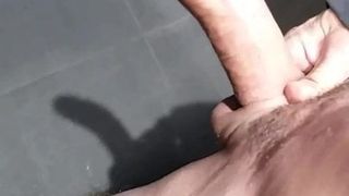 Stroking this monster horny cock hoping to get busted