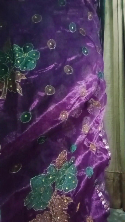 Indian Gay Crossdresser Bottom Gaurisissy showing her big boobs in purple saree | Clip 2