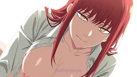 Рыжая красотка Makima скачет на огромном волосатом члене (Аниме)