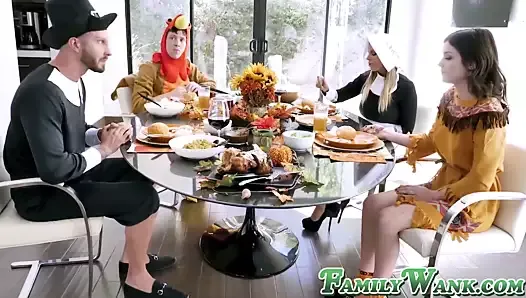 Thanksgiving cosplay hardcore foursome ends with cum facials