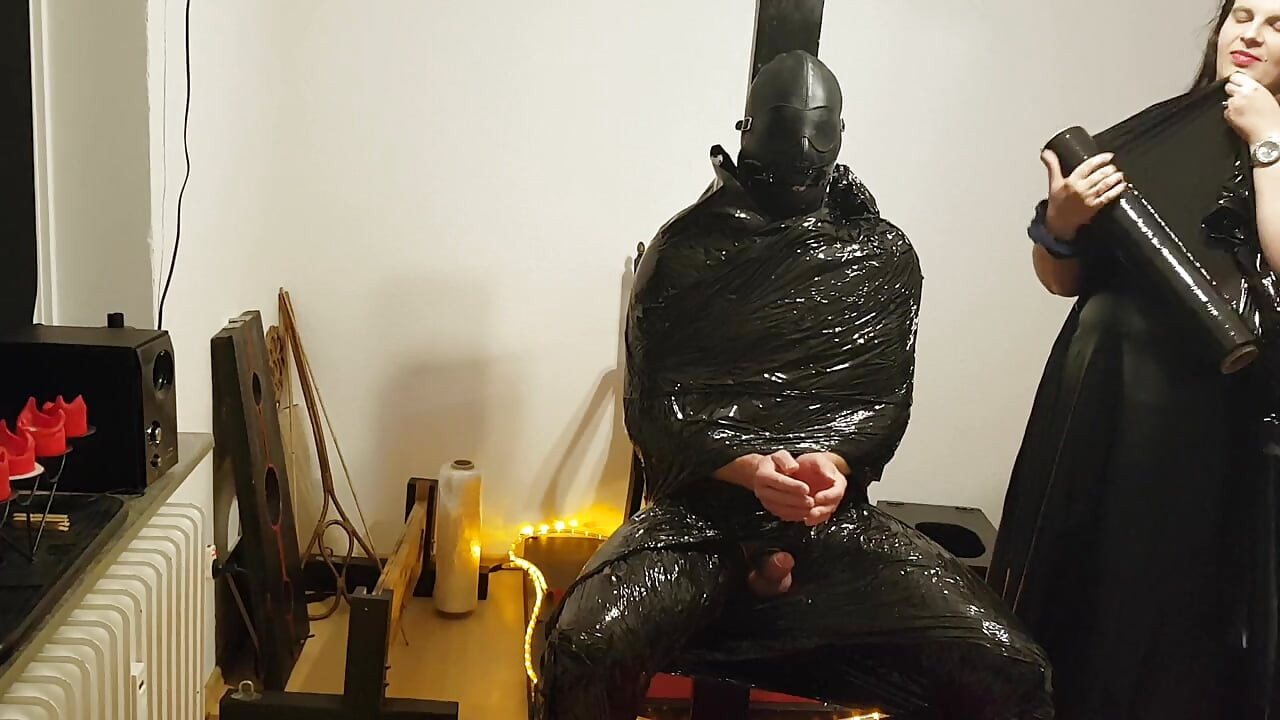 Foil Bondage Slave Part 2 - Cling Film Mummified and Edged to Madness