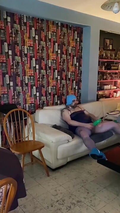 Dirty sissy whore in blue outfit playing hard ass to mouth sex