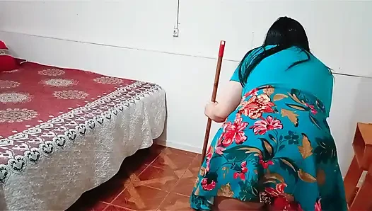 Stepmother caught sweeping is fucked by her stepson