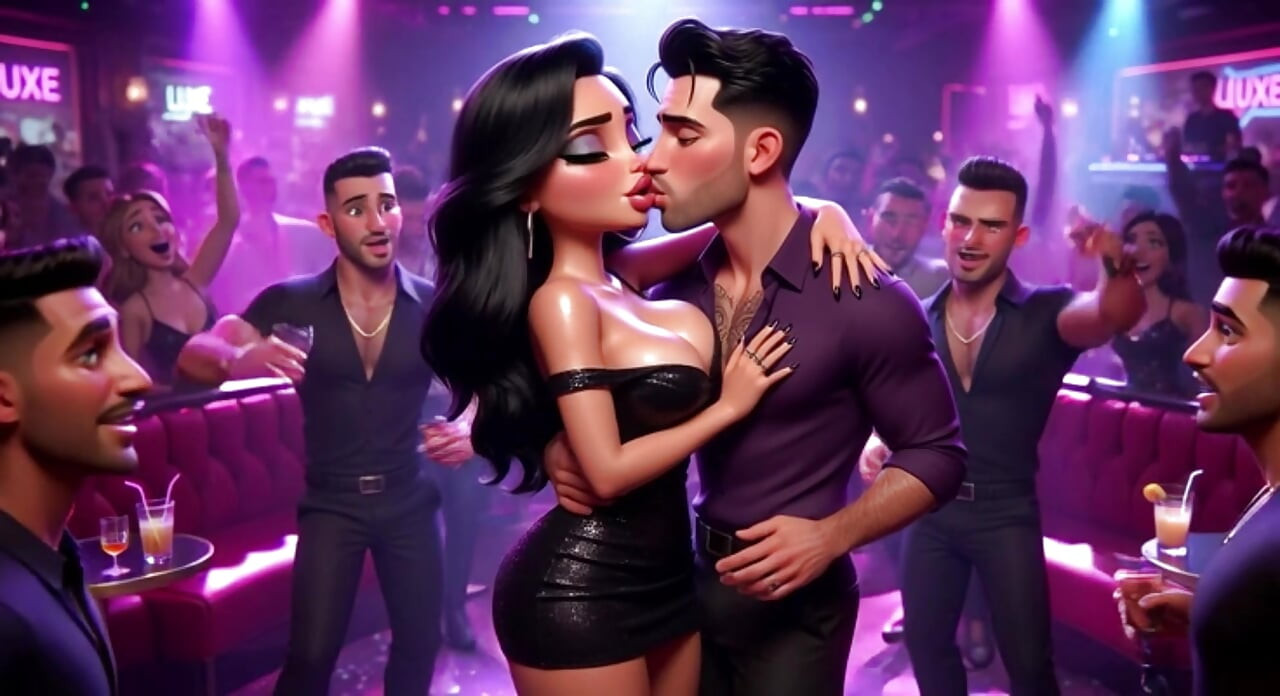Beautiful Woman Enjoys Exciting Night At Vibrant Club Dancing Kissing Men And Becoming Fully Nude On All Fours