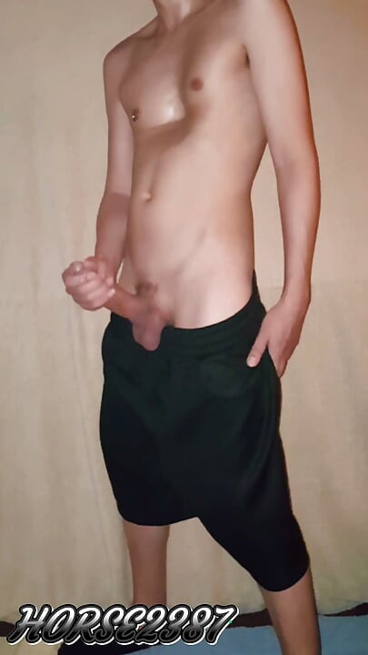 Jerking my huge dick in black shorts