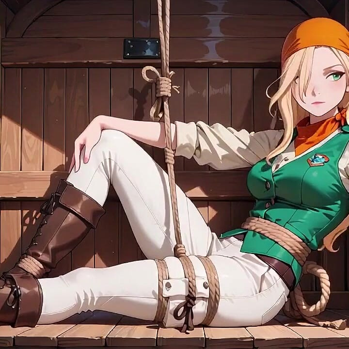 Blonde Pirate Captain! Green Uniform & Rough Ropes on a Sunny Deck. Languid Poses, Long Legs Exposed, and That Teasing Gaze
