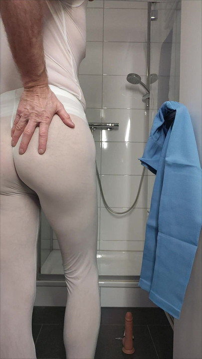 Before trying on the new leggings and fucking both holes, I present my transparent leggings and my shameless lust.