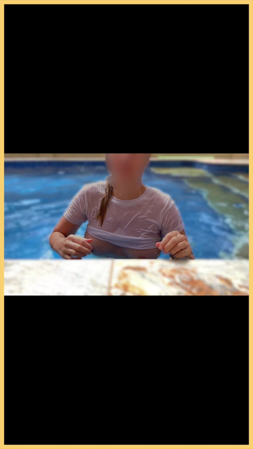 Wifey wet shirt in the pool with perfect braless tits