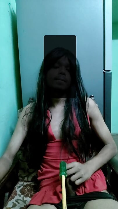 Cute indian crossdresser in sexy dress with dildo