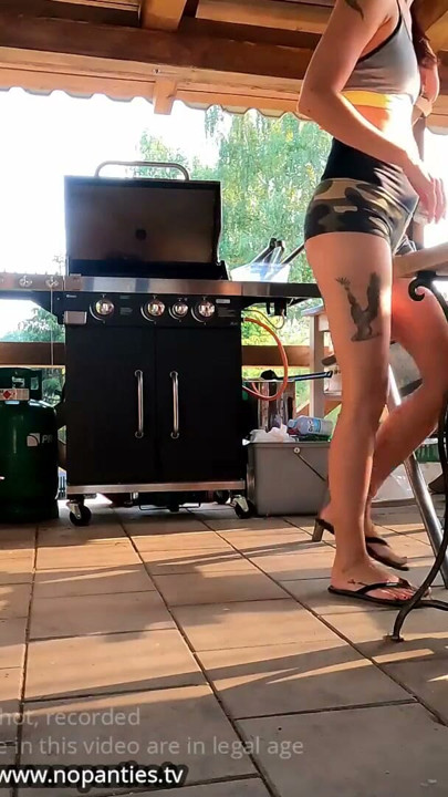 No Panties Mini Skirt Short Skirts Barbeque Party with Hot Tight Shaved Pussy Girls Outdoors | Clip 1
