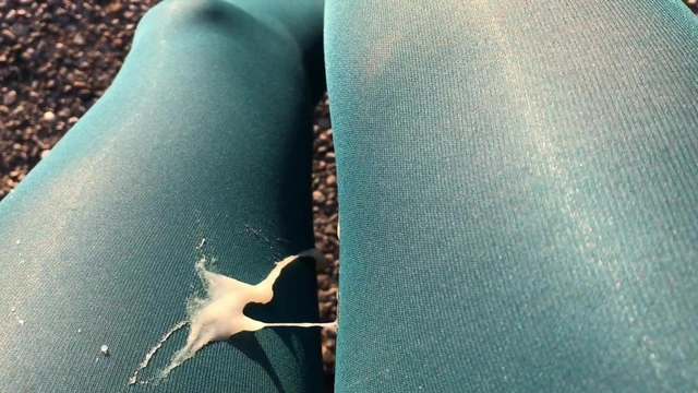 Crossdresser outdoor handsfree cum on turquoise pantyhose
