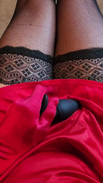 Horny whore in her black nylons and red satin baby doll ️