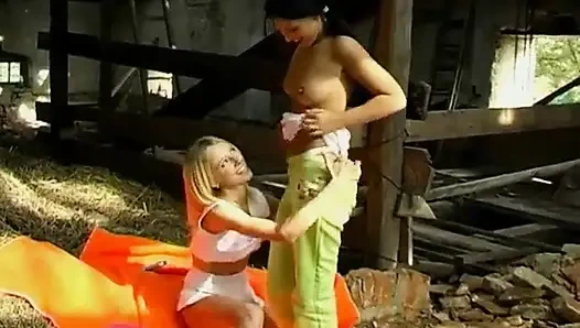 Anne and Lesley Playing in a Haystack