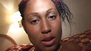 Fat twat black bitch sucks and fucks a juicy dong hard in bed