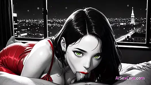 Noir vixen menunggangi liar dengan gaun merah sementara beban kental meledak di payudaranya yang sempurna (AI)