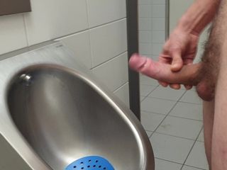 Naked edging and orgasm in public restroom