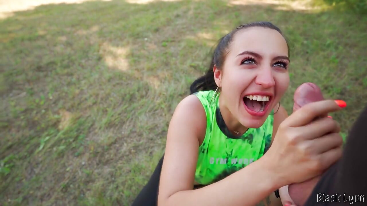 POV Ponytail Brunette in Sportswear Sucks Cock and Takes Facial Outdoors