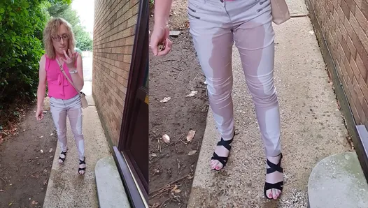 Mature MILF Pissing in my trousers pants on the doorstep