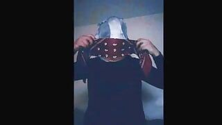 Self tightly gagged and pantyhose hooded