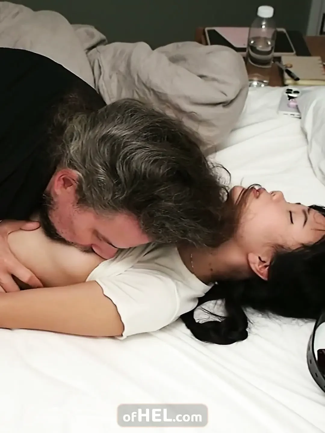 Asian Girl, White Guy - Hobble Belt Bondage Fuck and Facial