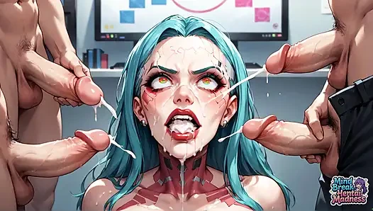 Ofis seks partisi: çatlak mavi saçlı orta yaşlı seksi kadın çifte penetrasyon zihin molası veriyor