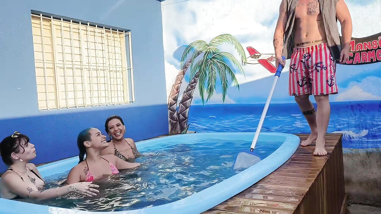 3 naughty friends paying the pool owner on the xerecard