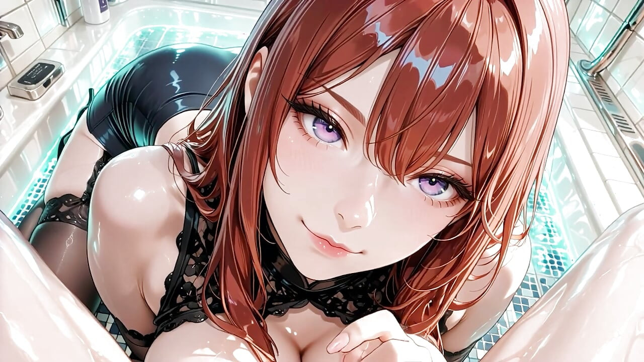 赤毛アニメのワイフ、黒いランジェリーと透けたストッキング - バスルームファンタジー