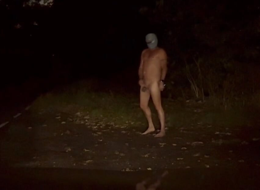 Wanking naked outside in road , few cars pass