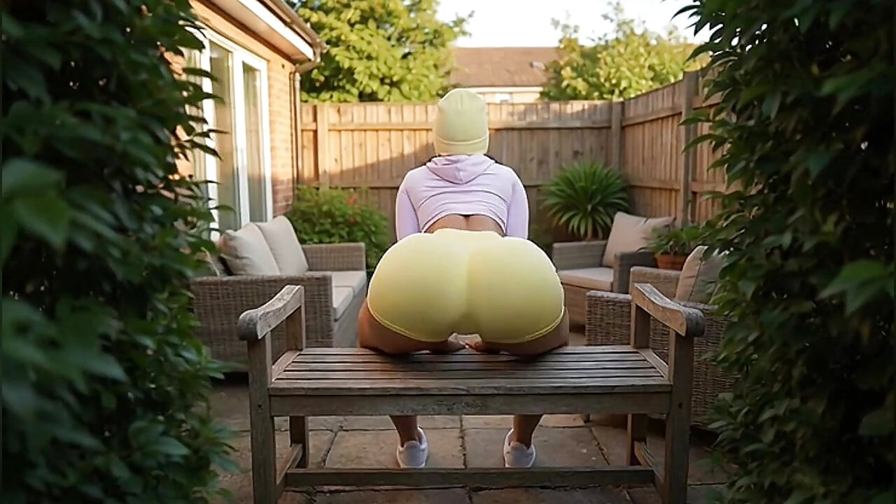 뒷마당에서 거대한 엉덩이와 함께 앉아 있는 겸둥이 큰 엉덩이 의붓여친