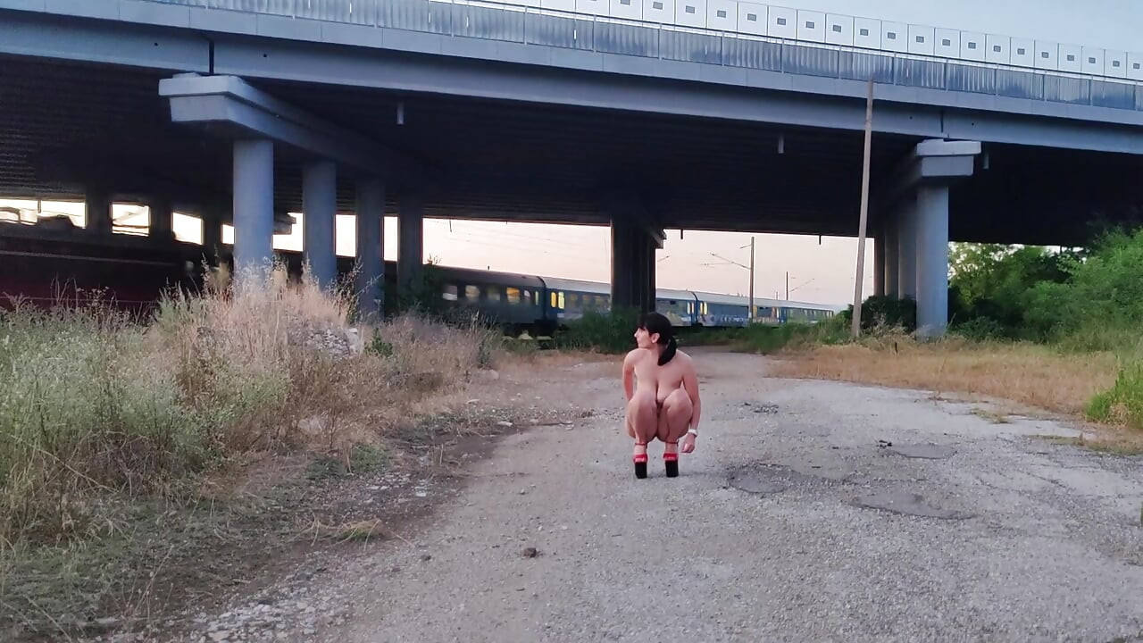 Slave Shows off Her Shaved Pussy on the Train