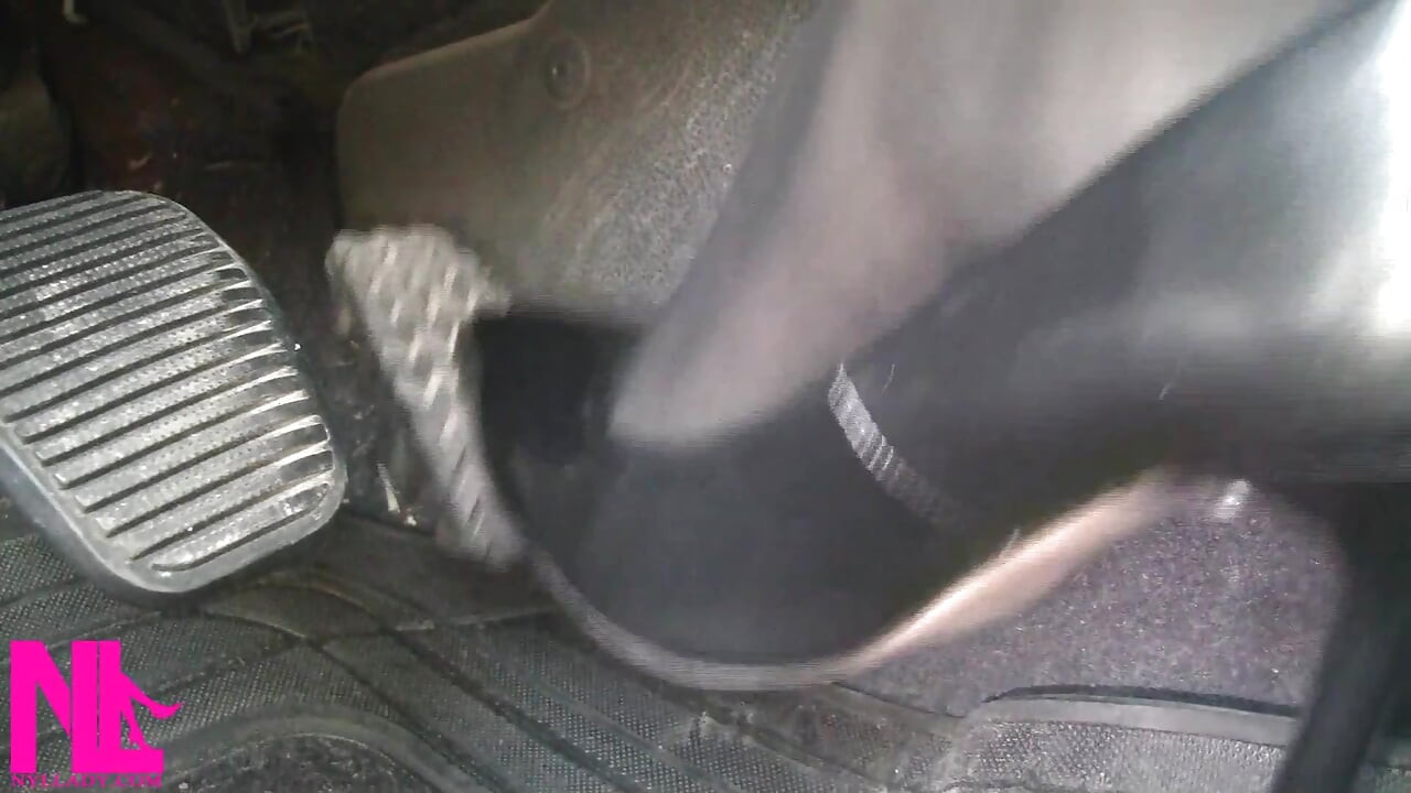 Pedal Pumping in Black Pantyhose and Grey Patent High Heels