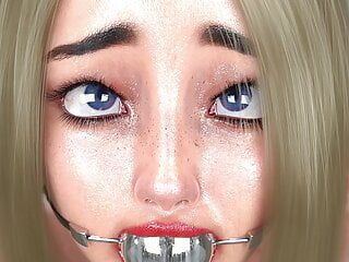 HardCore 3D девушка с металлическим бондажем и бондажем с кляпом во рту и скованными манжетами
