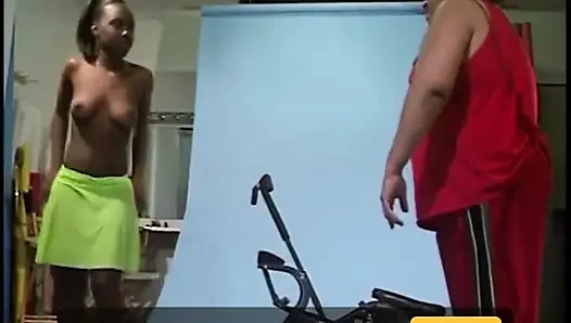 Young black beauty sucks old white guys cock on photoshoot
