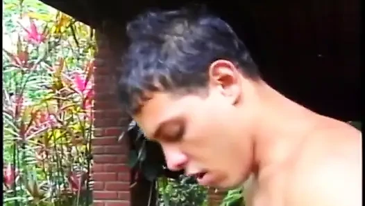 Curious blonde girl enjoy fucking piggy-back with two bisexual studs on the porch