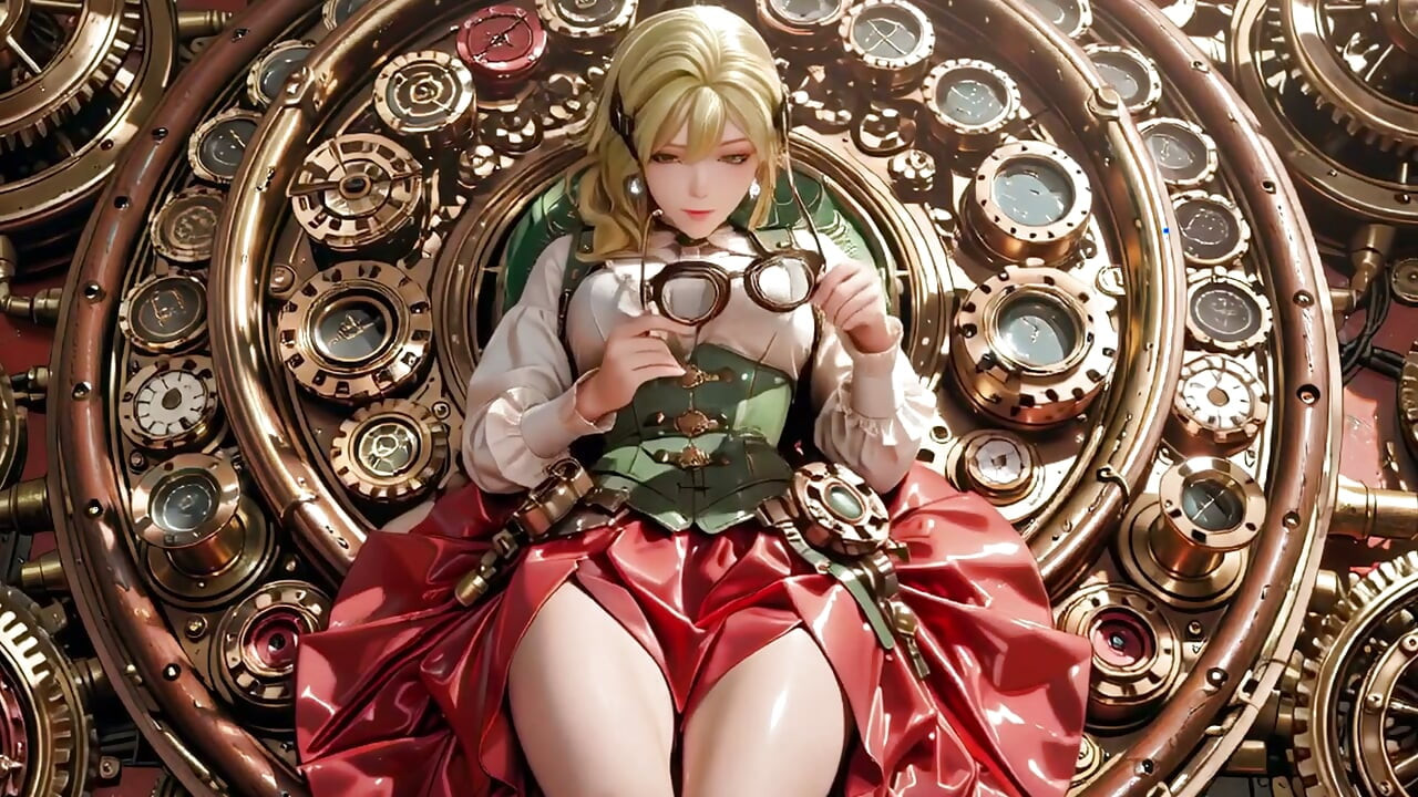 Steampunk Sarışın Sekreter! Dev dişlilerin arasında tembel pozlar, gözlüklerini ayarlarken baştan çıkarıcı bakışlar.