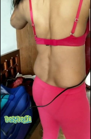 Desi girl in red leggings and bra only