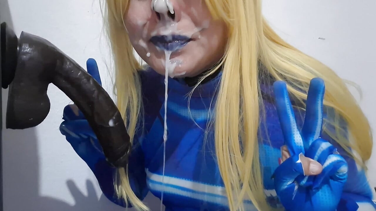 Cute Samus Femboy with BDSM Nosehook giving a Sloppy Blowjob to BBC Dildo, Deepthroat, Facial Fuck and Eating Semen