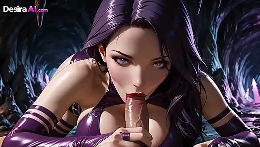 Purple-haired Psilocke gags hard while big tits squeeze and cum explodes AI Generated