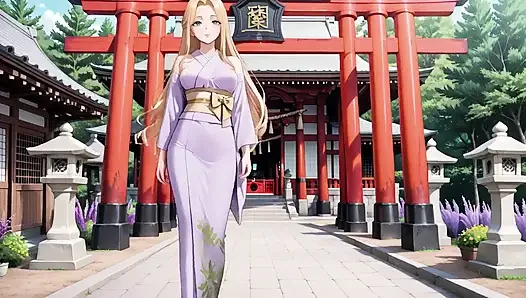 Blonde in Lavender! Kneeling Barefoot Under the Red Torii Gate, Her Andouf Fluttering in the Breeze