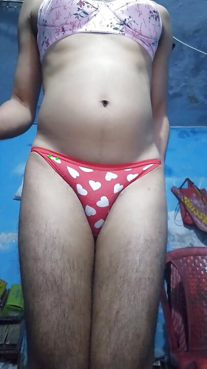 Horny Indian Teen Femboy Wearing His Step Sister's Bra and Panties While Jerking His Phimosis Cock
